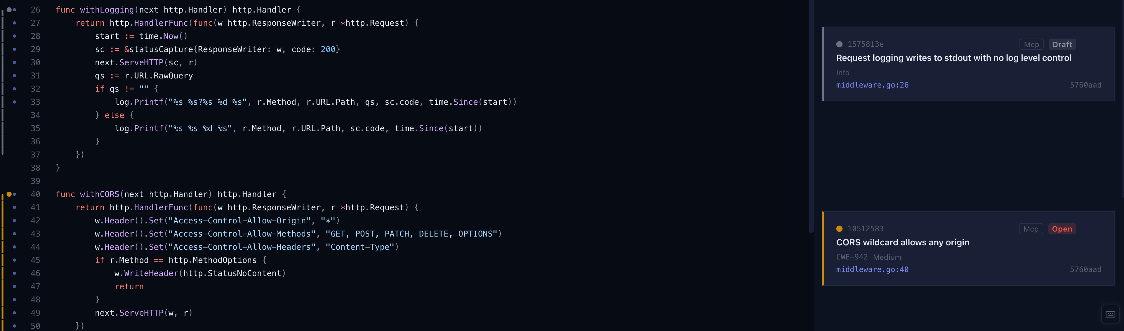 Browse view showing middleware.go with severity bars in the gutter and findings listed in the sidebar