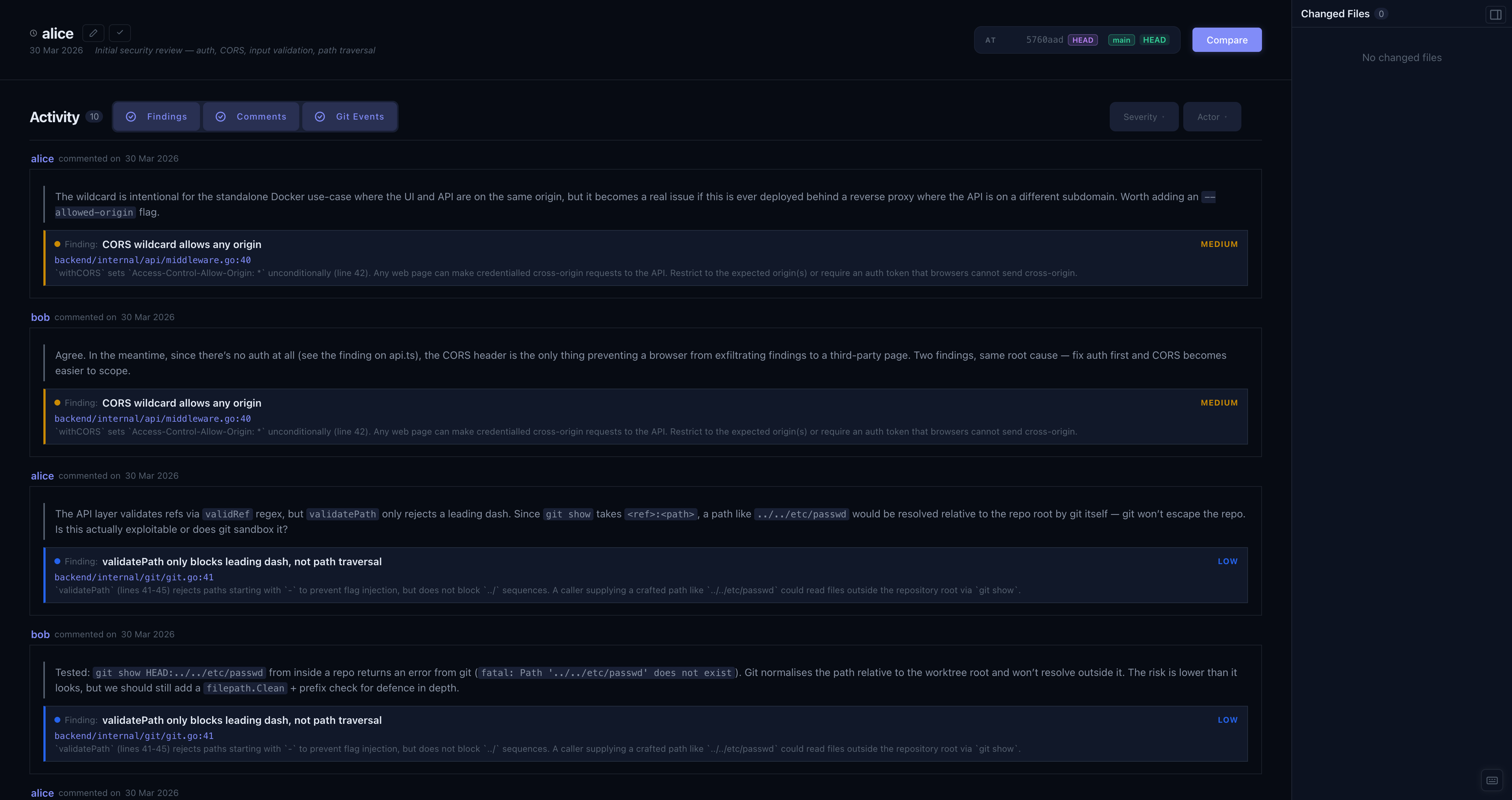 Changes panel showing the baseline header, delta stats, and activity stream of findings and comments