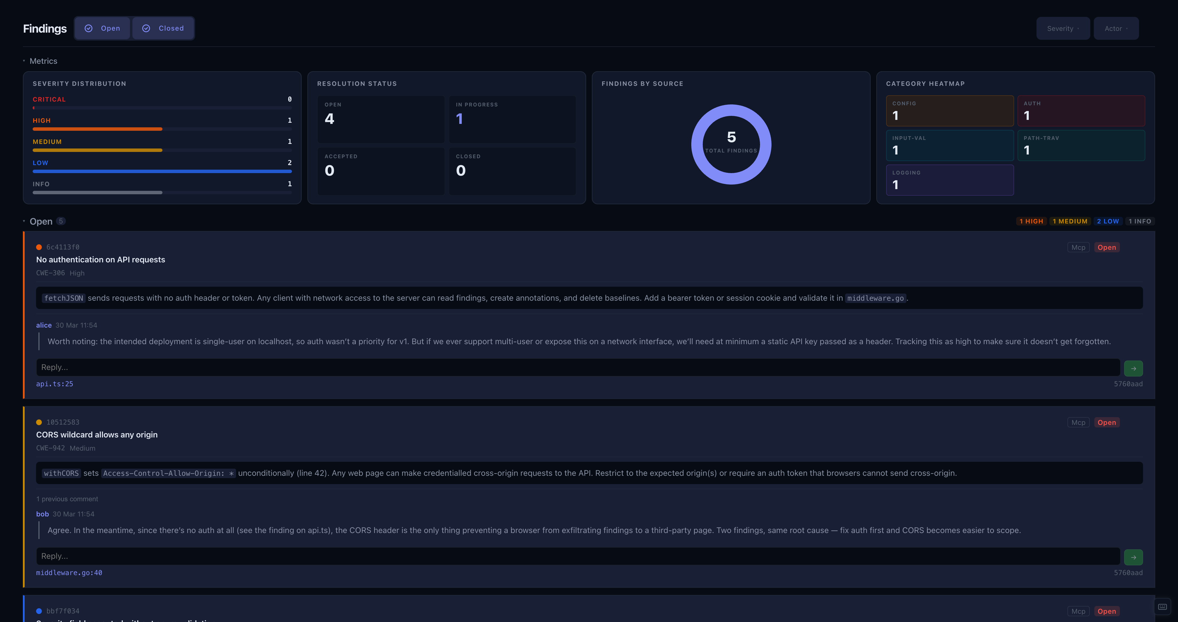 Findings panel showing the metrics section and expanded finding cards with comment threads